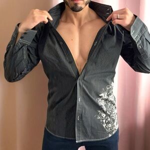 Men's Black Pinstripe Button-Up Shirt with White Floral Accent